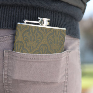 Audsley Vintage Gold Lily Crown Green Damask Art Hip Flask