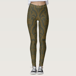 Audsley Vintage Gold Lily Crown Green Damask Art Leggings