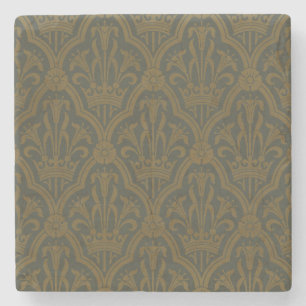 Audsley Vintage Gold Lily Crown Green Damask Art Stone Coaster