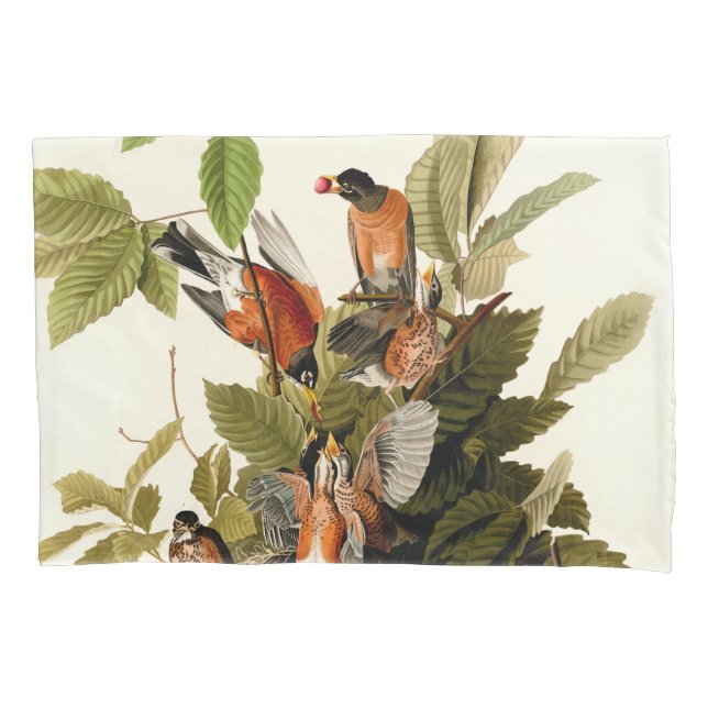 Audubon American Robin Wildlife Bird Illustration Pillowcase (Front)