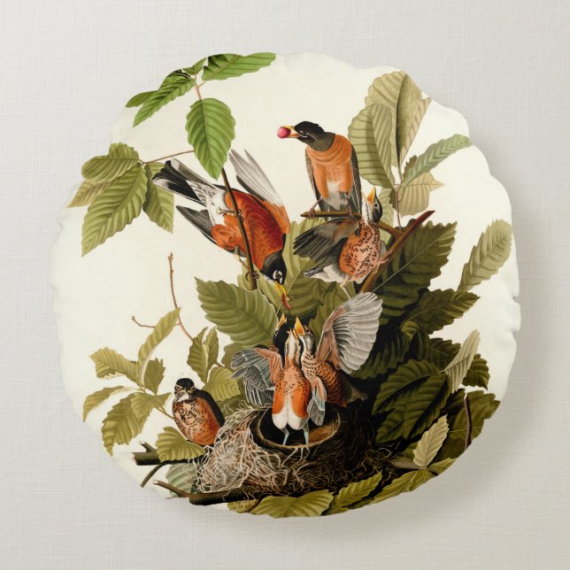 Audubon American Robin Wildlife Bird Illustration Round Cushion (Front)