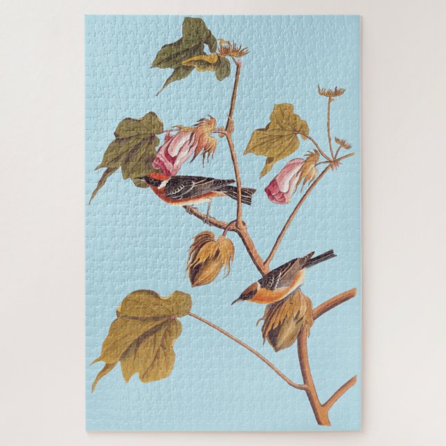 Audubon Bay-Breasted Warbler Bird on Cotton Plant Jigsaw Puzzle (Vertical)