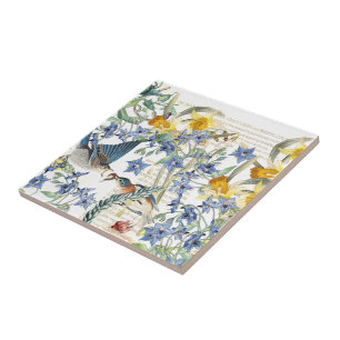 Audubon Bluebird Birds Narcissus Flowers Tile