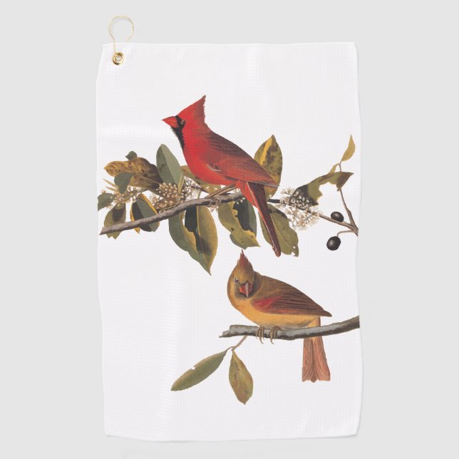 Audubon Cardinal Pair in Wild Almond Tree Golf Towel (Front)