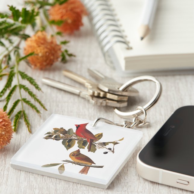 Audubon Cardinal Pair in Wild Almond Tree  Key Ring (Front Right)