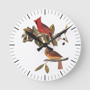 Audubon Cardinal Pair in Wild Almond Tree Round Clock