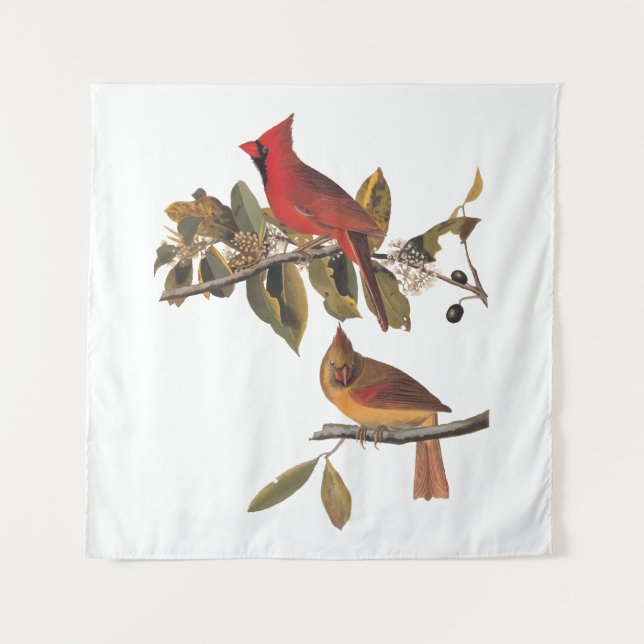 Audubon Cardinal Pair in Wild Almond Tree  Tapestry (Front)