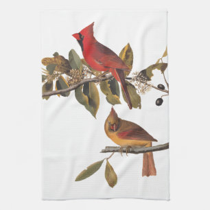 Audubon Cardinal Pair in Wild Almond Tree Tea Towel