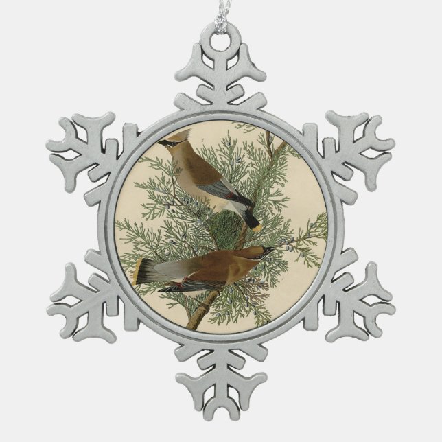 Audubon Cedar Waxwing Bird Snowflake Pewter Christmas Ornament (Front)