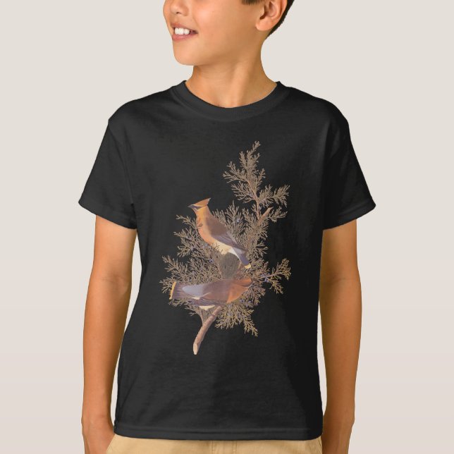 Audubon Cedar Waxwing Birds on Evergreen Juniper T-Shirt (Front)