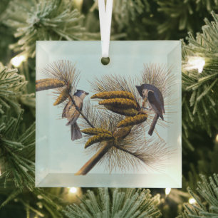 Audubon Crested Titmouse Birds in Pine Tree Glass Tree Decoration