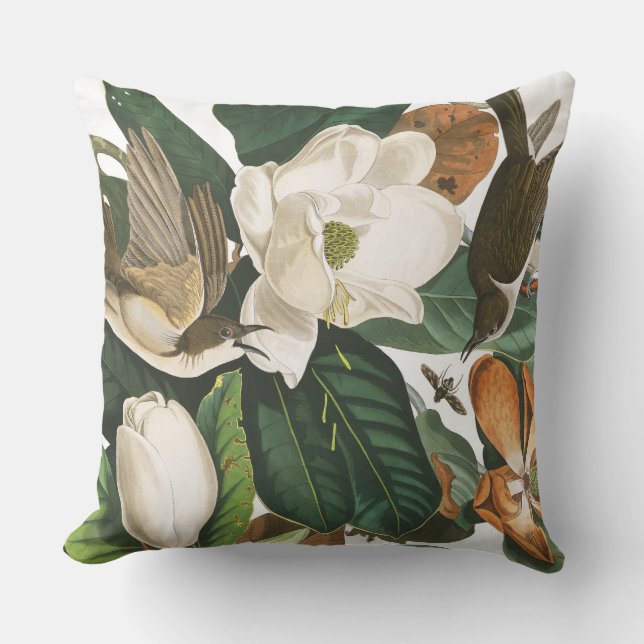 Audubon Cuckoo Birds Wildlife Floral Throw Pillow (Front)