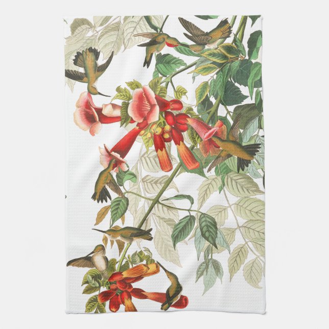 Audubon Hummingbird Birds Flowers Kitchen Towel (Vertical)
