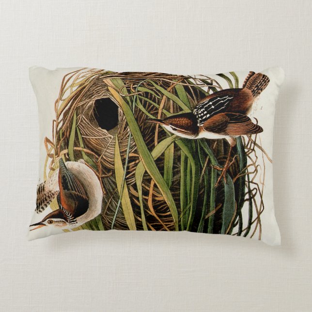 Audubon Marsh Wren Bird Art Decorative Cushion (Back)