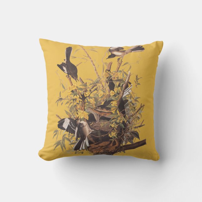 Audubon Mockingbird Family Square Throw Pillow (Front)