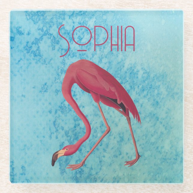 Audubon Pink Flamingo on Blue Watercolor Glass Coaster (Front)