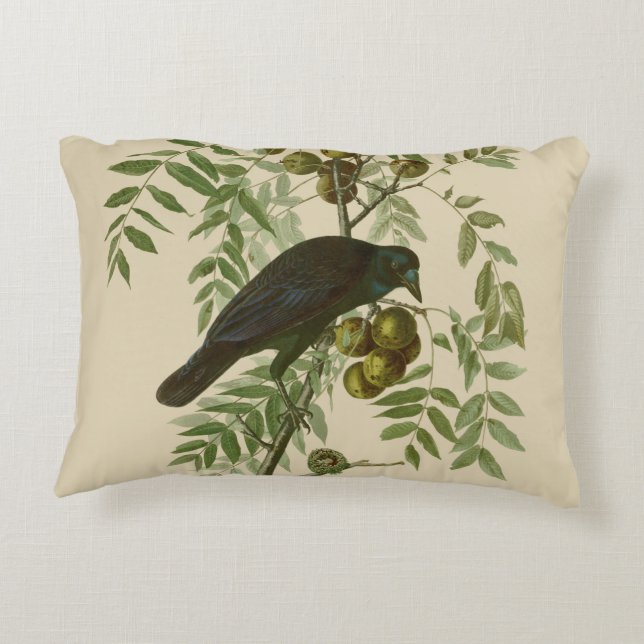 Audubon Purple Grackle Bird Print Vintage Botanic Decorative Cushion (Back)