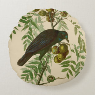 Audubon Purple Grackle Bird Print Vintage Botanic Round Cushion