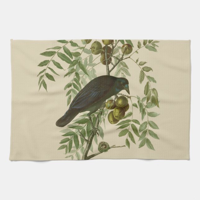 Audubon Purple Grackle Bird Print Vintage Botanic Tea Towel (Horizontal)