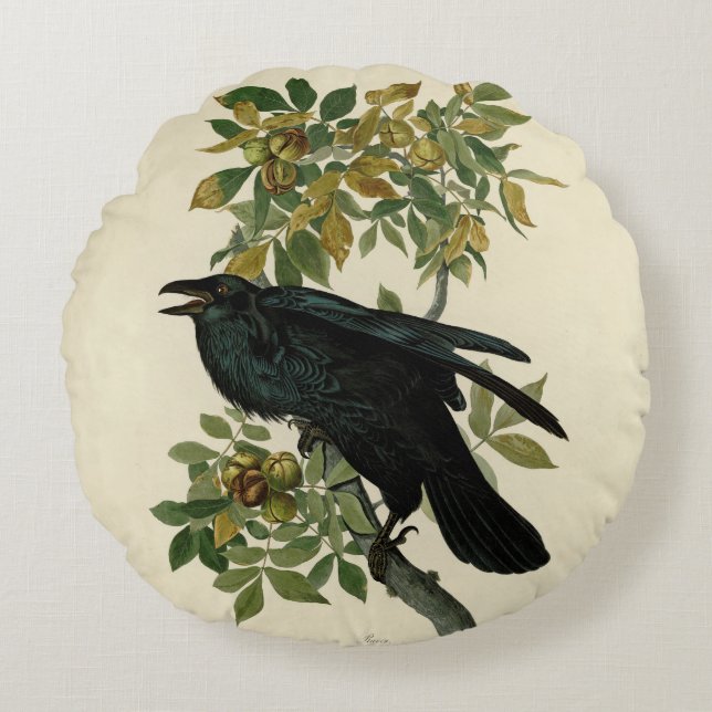 Audubon Raven Bird Classic Artwork Round Cushion (Front)