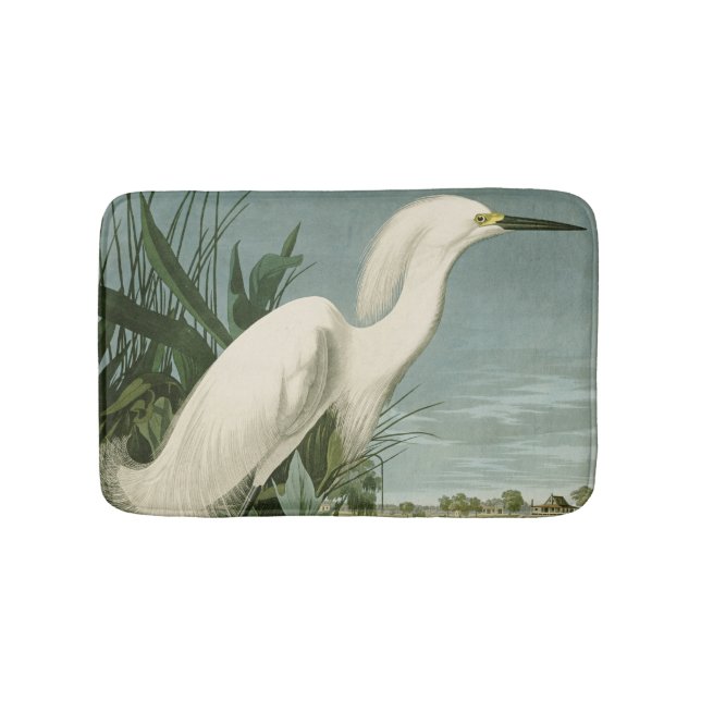 Audubon Snowy Heron White Egret Bird Birding Bath Mat (Front)