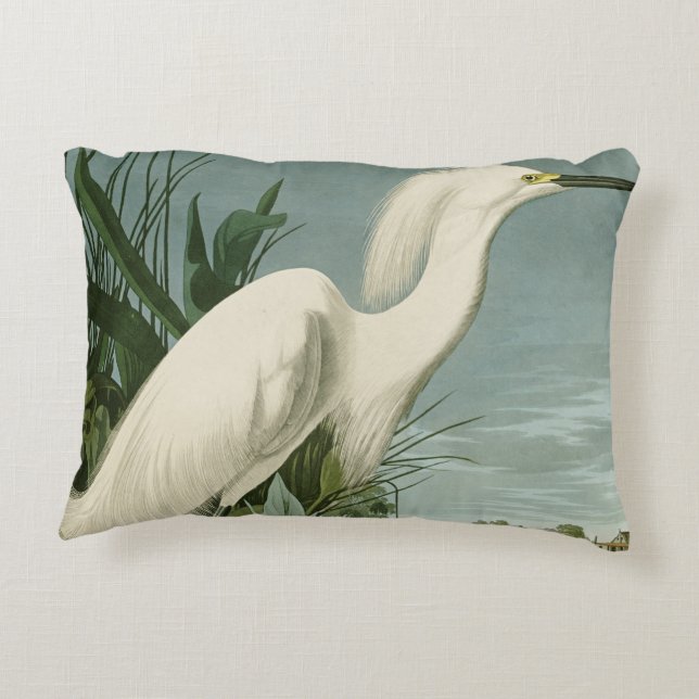 Audubon Snowy Heron White Egret Bird Birding Decorative Cushion (Back)