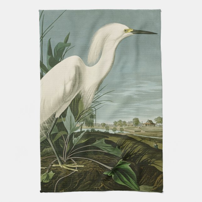 Audubon Snowy Heron White Egret Bird Birding Tea Towel (Vertical)