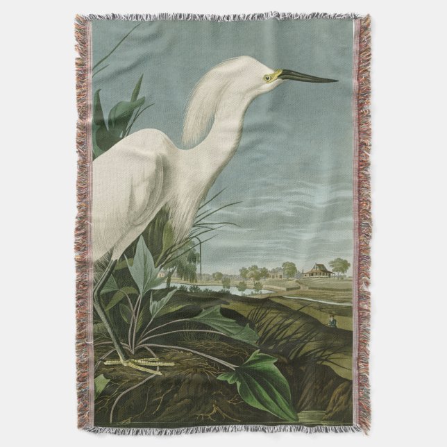 Audubon Snowy Heron White Egret Bird Birding Throw Blanket (Front Vertical)