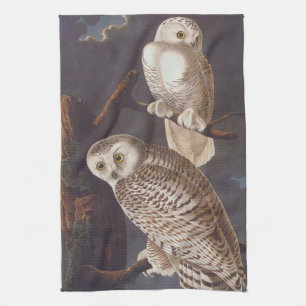 Audubon Snowy White Owls on a Dark Cloudy Night Tea Towel