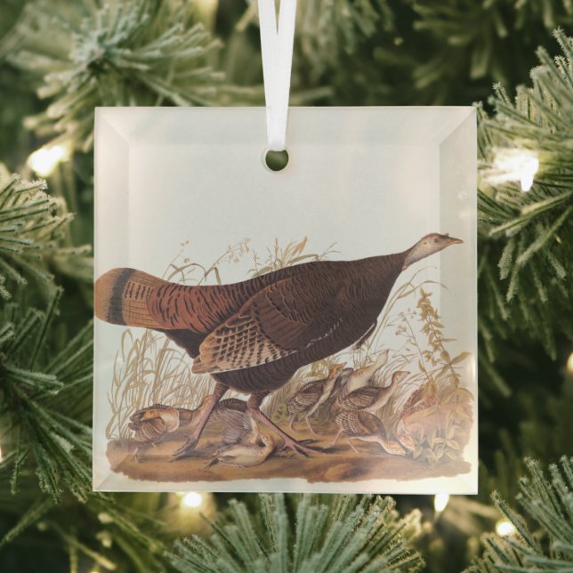 Audubon Turkey Hen and Chicks in Autumn Glass Tree Decoration (Insitu)