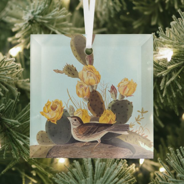 Audubon Vesper Sparrow and Prickly Pear Cactus Glass Tree Decoration (Insitu)