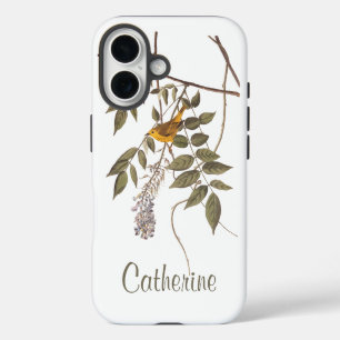 Audubon's Blue Eyed Yellow Warbler on Wisteria iPhone 16 Case