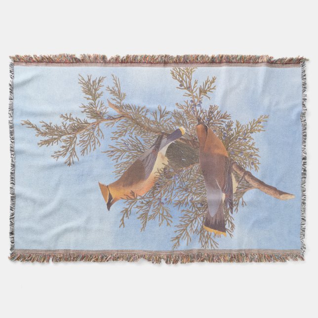 Audubon's Cedar Waxwing Bird Pair on Evergreen Throw Blanket (Front)