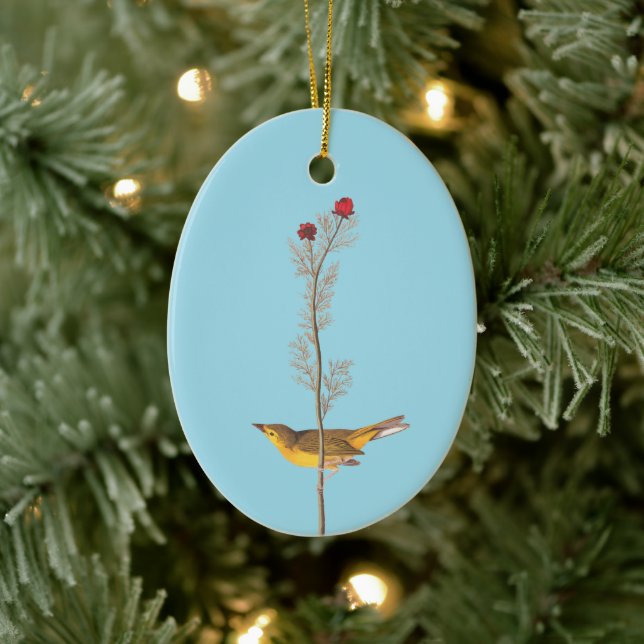 Audubon's Hooded Warbler Bird on Red Flower Ceramic Ornament (Tree)