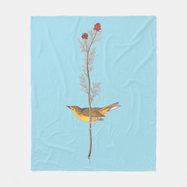 Audubon's Hooded Warbler Bird on Red Flower Fleece Blanket (Front)