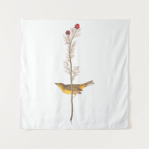 Audubon's Hooded Warbler Bird on Red Flower Tapestry