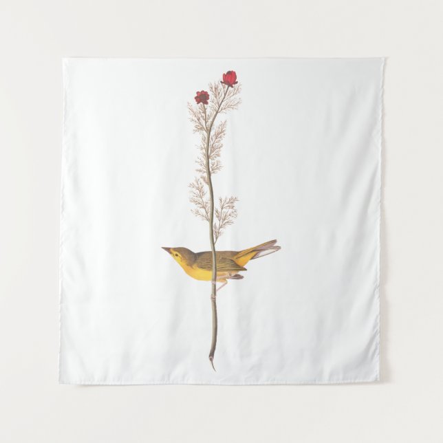 Audubon's Hooded Warbler Bird on Red Flower Tapestry (Front)