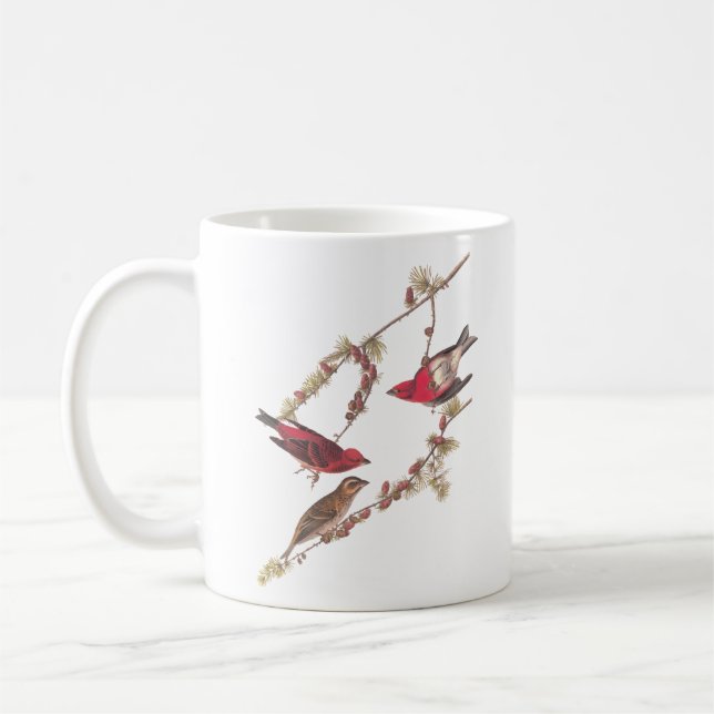 Audubon's Purple Finch Red Birds on Conifer Tree Coffee Mug (Left)