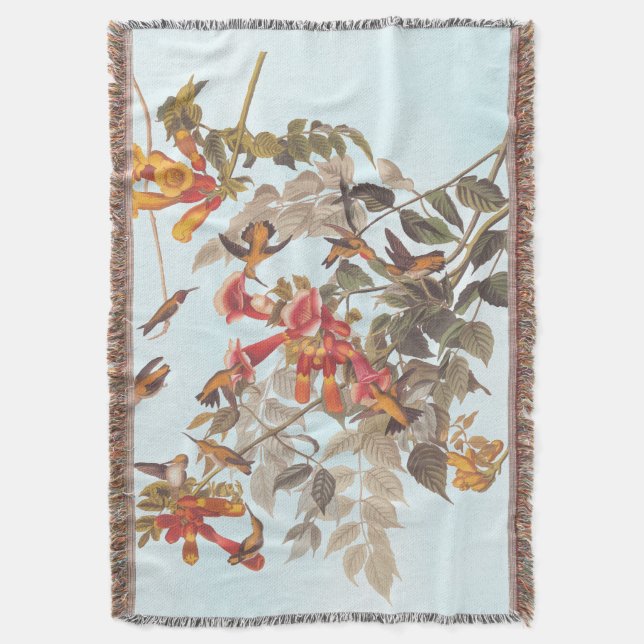Audubon's Tropical Ruby Throated Hummingbirds Throw Blanket (Front Vertical)