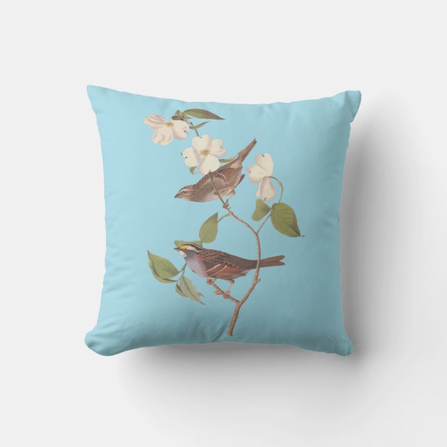 Audubon's White Throated Sparrow on Blue Cushion (Front)