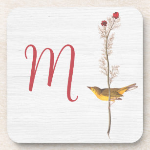 Audubon's Yellow Bird on Flower with Monogram Coaster