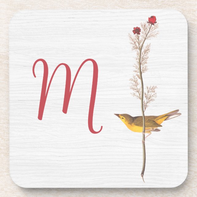 Audubon's Yellow Bird on Flower with Monogram Coaster (Front)