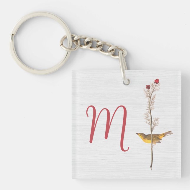Audubon's Yellow Bird on Flower with Monogram Key Ring (Front)