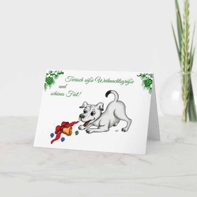 auf Deutsch Weihnachten mit Welpe Glocke und Ball Holiday Card (Front)