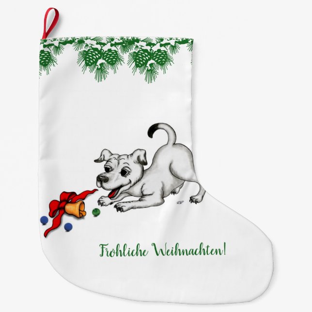 auf Deutsch Weihnachten mit Welpe Glocke und Ball Large Christmas Stocking (Front)