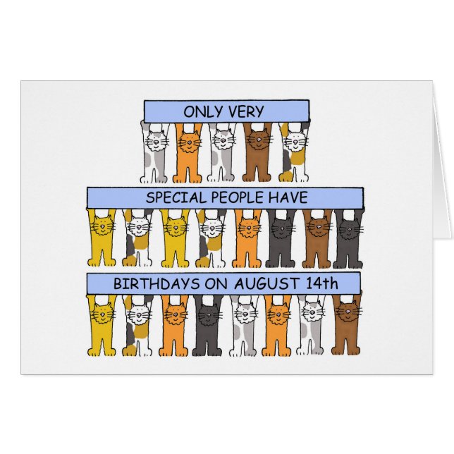 August 14th Birthday, Cartoon Cats. (Front Horizontal)