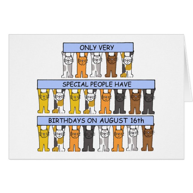 August 16th Birthday, Cartoon Cats. (Front Horizontal)