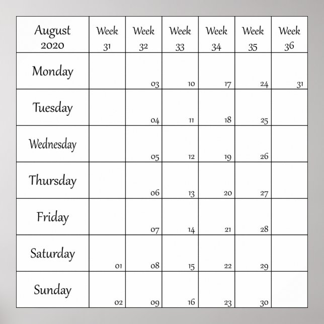 august 2020 planner calendar with week number poster (Front)