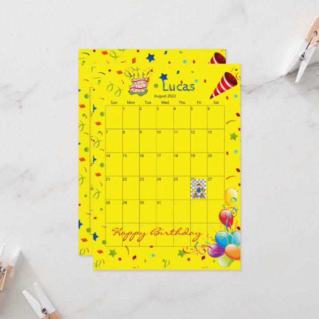 August 2022 Calendar Happy Birthday Invitation  (Front/Back In Situ)