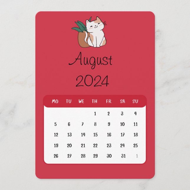 August 2024 Stand Alone Cat And Plant Calendar Menu (Front)